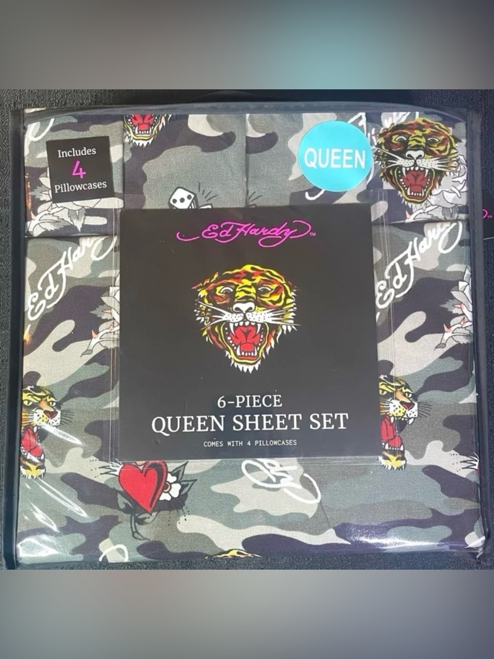 Ed Hardy Green Camo Deep Pocket 6-pc Queen Sheet Set  Tigers Hearts NEW NIP